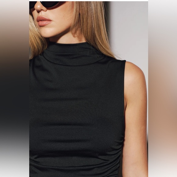 Commense Black Mock Neck Midi Dress Polka Dot Hem Elegant Event Dress NWT Small - Picture 2 of 14